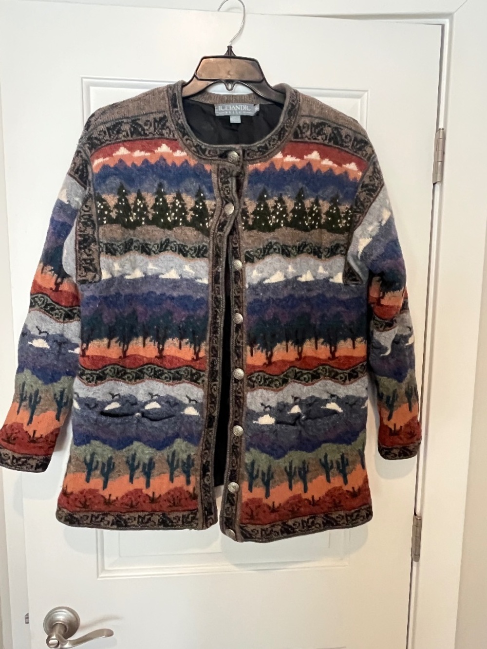 VTG Icelandic Design Wool Landscape Cardigan Sweater Jacket Lined XL Cabin Core